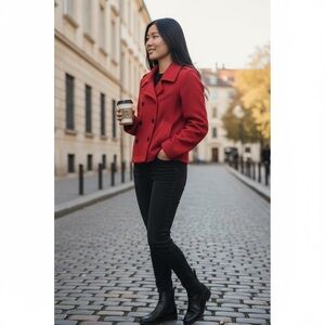 Old Navy Vibrant Red Wool Blend Double Breasted Peacoat with Pockets